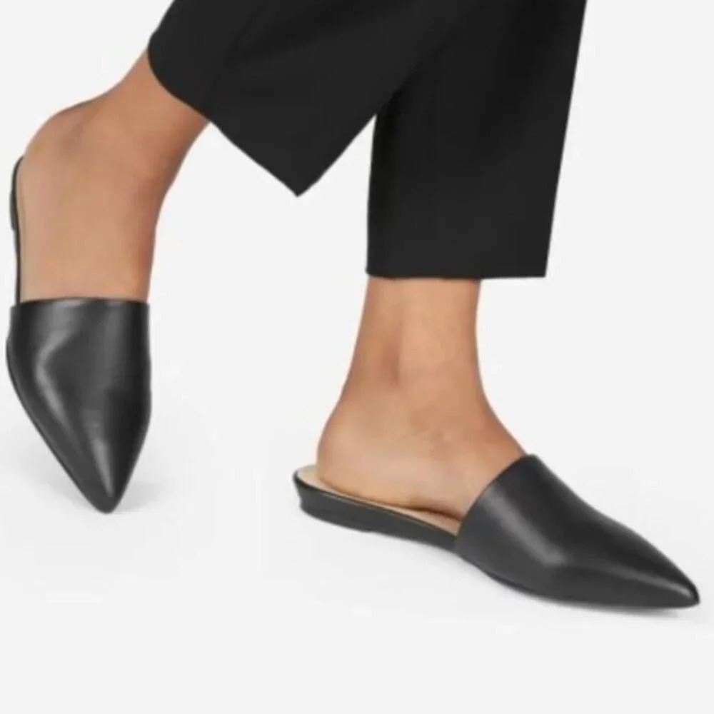 EVERLANE The Pointed Slide Leather Flat Mules Size 7.5 Black